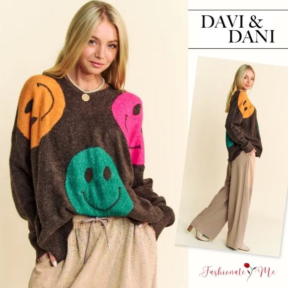 Davi & Dani Contrast Smile Round Neck Oversized Pullover Sweater | Dark Brown - Picture 1 of 6